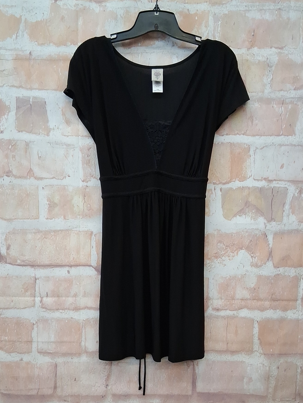 Black V-Neck Short Sleeve Mini Dress with Lace Inset